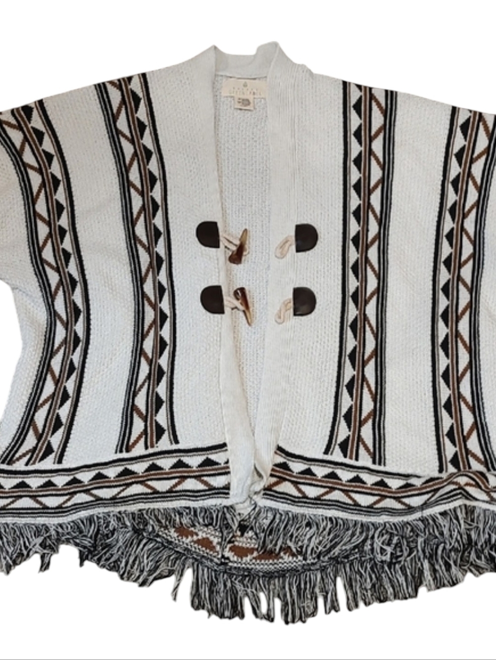 Aztec Tribal Inspired Women's Geometric Fringe Poncho - Cream and Brown